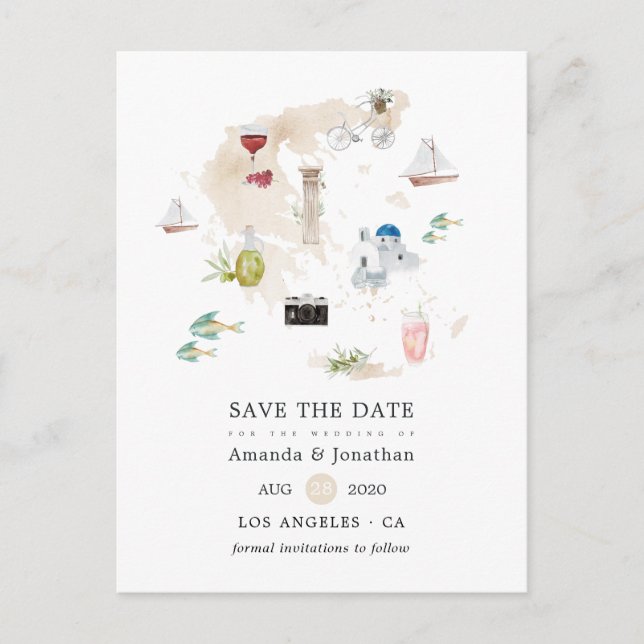 Carte aquarelle de Grèce mariage de destination (Devant)
