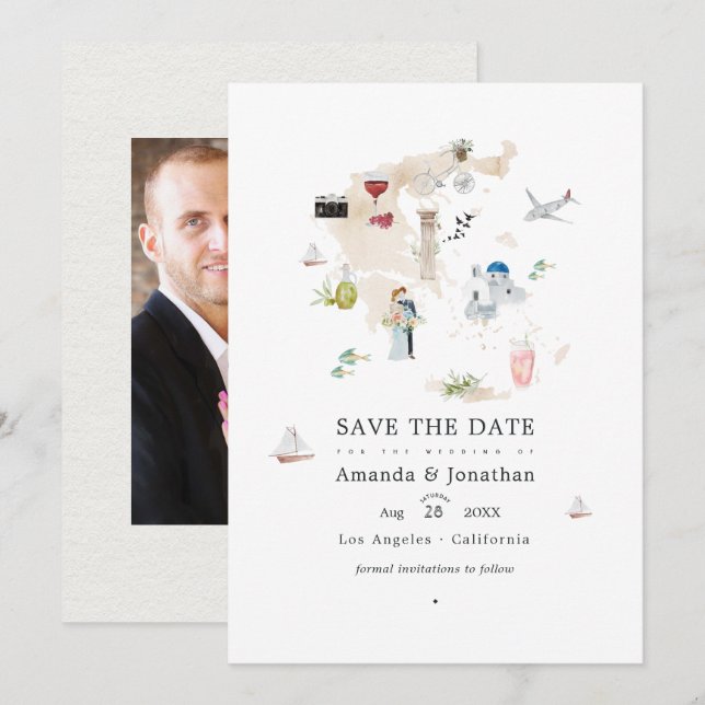 Carte aquarelle de Grèce mariage photo de destinat (Devant / Derrière)