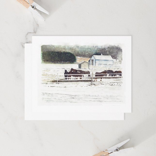 Carte Aquarelle de la ferme hivernale (Winter Horse Farm Watercolor by Jenn Steffen Art for Jenn's Emporium.)