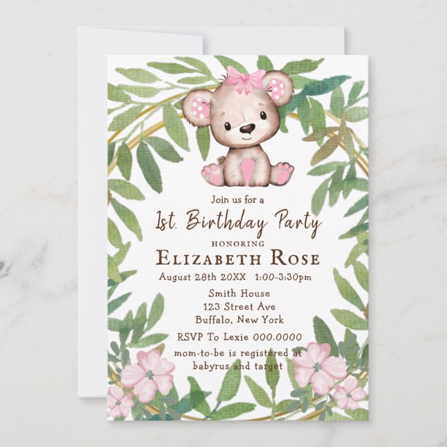 Carte Aquarelle de la fille Ours en peluche 1er. Fête d' (Devant)