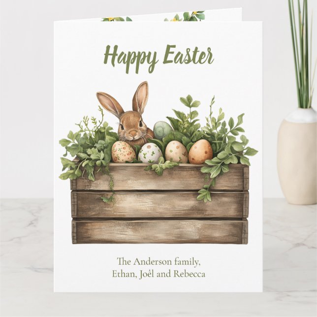 Carte Aquarelle de lapin doux Plantes Oeufs Pâques (Devant)