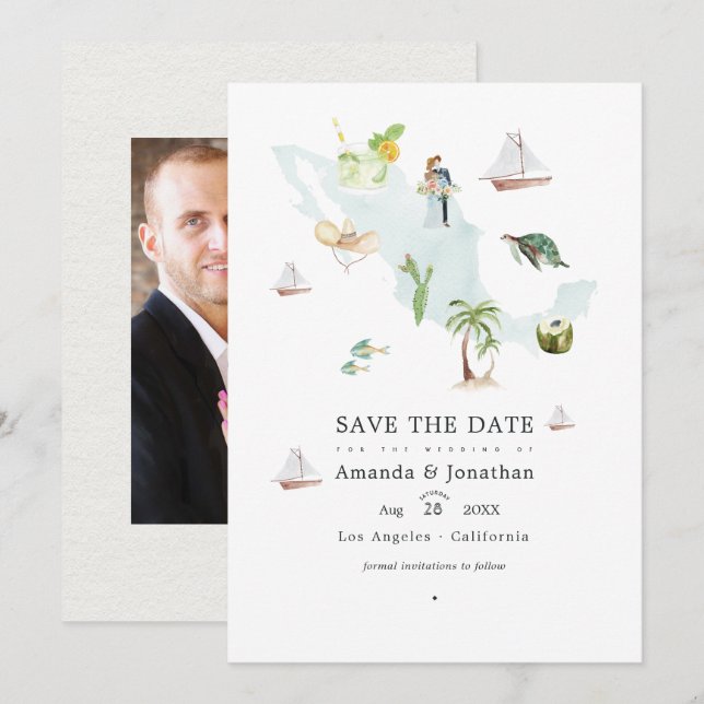 Carte aquarelle de mariage de destination au Mexiq (Devant / Derrière)