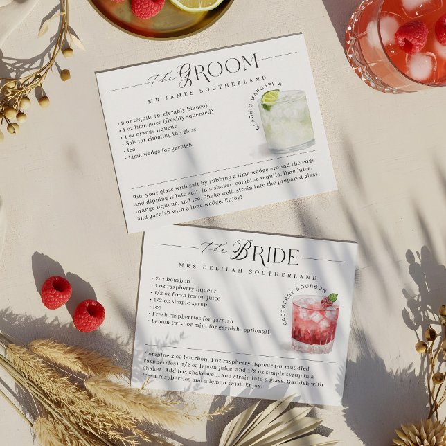 Carte Aquarelle de mariée et de chambre Signature Cockta (Bride & Groom Watercolor Signature Cocktail Recipe)