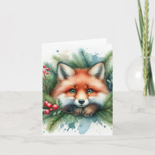Carte Aquarelle de Noël adorable Renard rouge