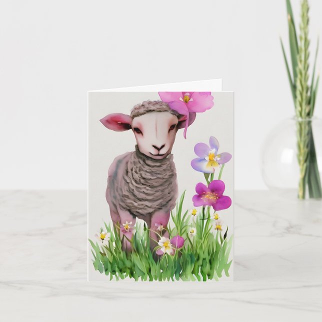 Carte aquarelle de Pâques printemps agneau et fleu (Devant)