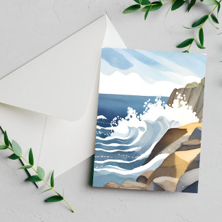 Carte aquarelle de rivage côtier rocheux aux vague