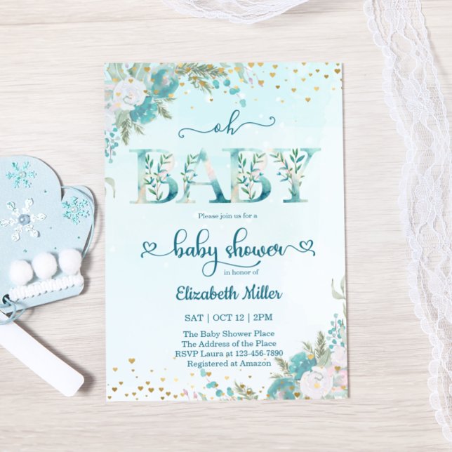 Carte Aquarelle d'hiver Baby shower floral bleu (Créateur téléchargé)