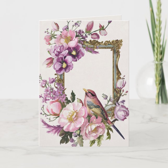 Carte Aquarelle d'oiseau floral rose  (Devant)