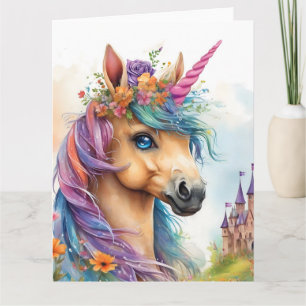 Carte Aquarelle Dreamy Unicorn avec Château et Fleurs