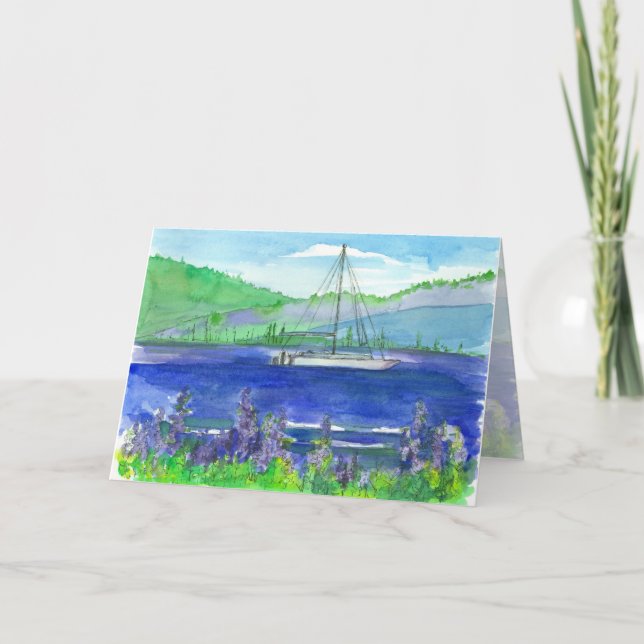 Carte Aquarelle du lac de montagne Catamaran Joyeux anni (Devant)