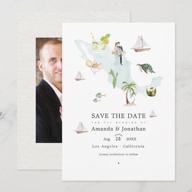 Carte aquarelle du Mexique mariage photo de destin (Devant / Derrière)
