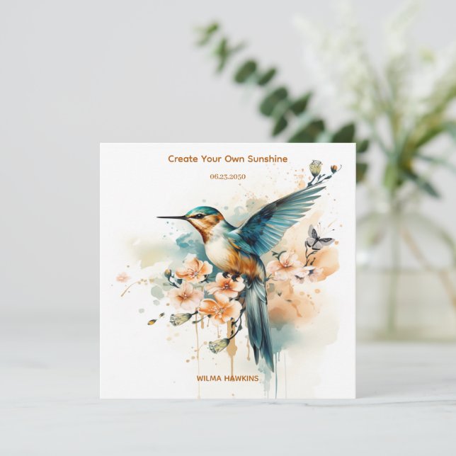 Carte Aquarelle Élégant Monogramme De Colibri Avec Nom (Debout devant)