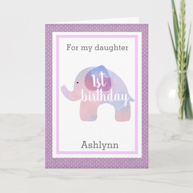 Carte Aquarelle Elephant Première fille d'anniversaire (Devant)