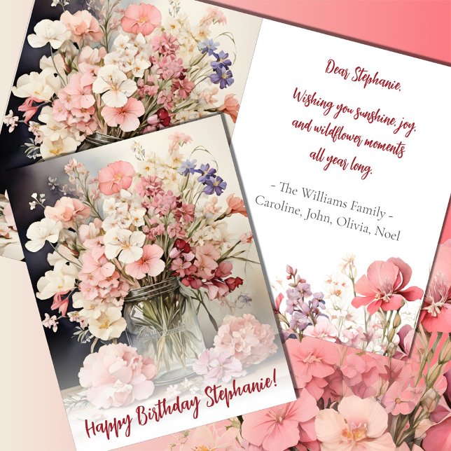 Carte Aquarelle Été Bouquet Rose Anniversaire (Créateur téléchargé)