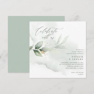 Carte Aquarelle eucalyptus sauge vert et or mariage