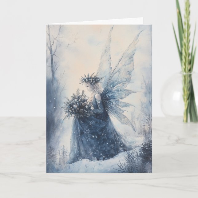 Carte Aquarelle Fée Bleue de Noël en terrain neigeux (Devant)