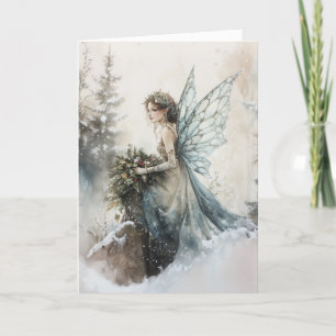 Carte Aquarelle Fée de Noël avec Bouquet en Neige