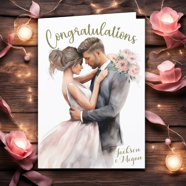 Carte Aquarelle Félicitations À Mariage & Groom Avec Des (Watercolor Congrats To Bride & Groom With Names Card)