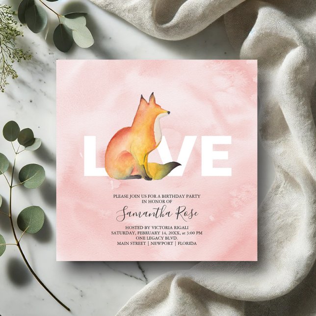 Carte Aquarelle Fête d'anniversaire de la Renard des boi (Valentines birthday invitations watercolor fox art by Victoria Grigaliunas Do Tell A Belle)