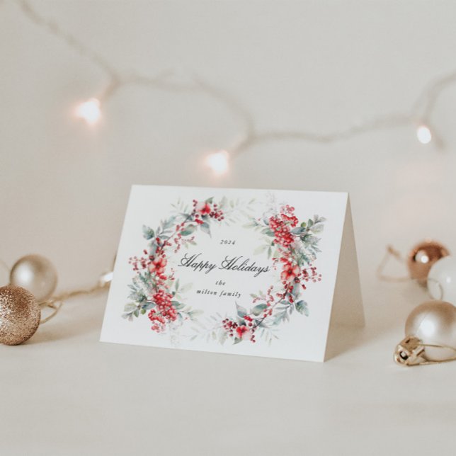 Carte Aquarelle Fêtes Berries Wreath Fêtes pliées (Créateur téléchargé)
