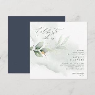 Carte Aquarelle feuillage, bleu marine et mariage or