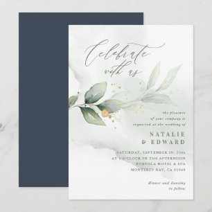 Carte Aquarelle feuillage, bleu marine et mariage or