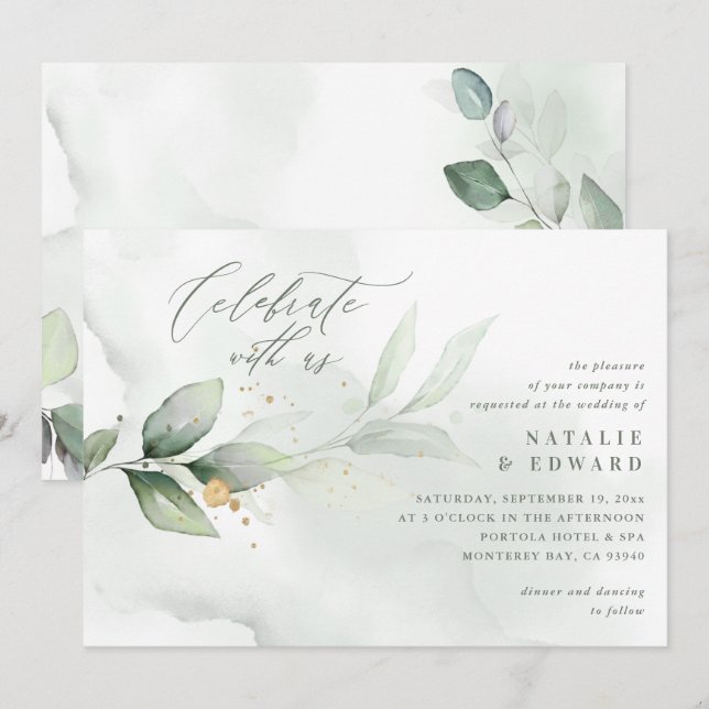 Carte Aquarelle feuillage et mariage d'or métallique (Devant / Derrière)
