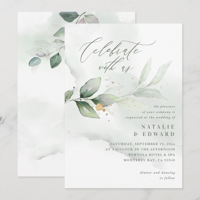 Carte Aquarelle feuillage et mariage d'or métallique (Devant / Derrière)