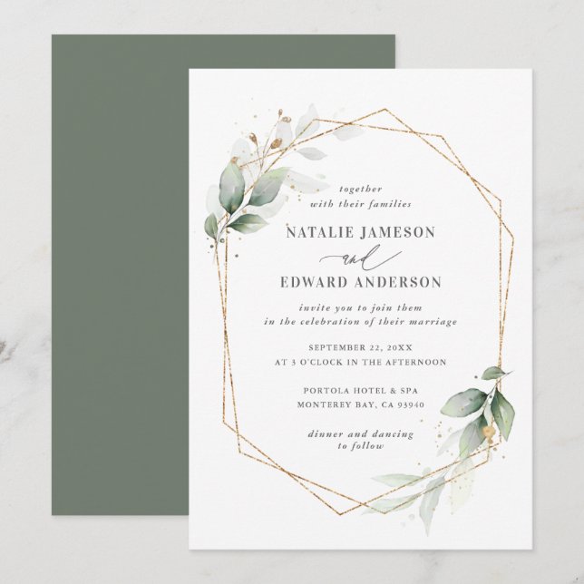 Carte Aquarelle feuillage et mariage géométrique or (Devant / Derrière)