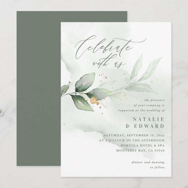 Carte Aquarelle feuillage, vert olive et mariage or (Devant / Derrière)