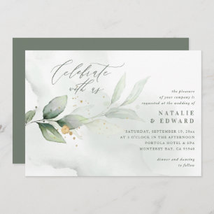 Carte Aquarelle feuillage, vert olive et mariage or