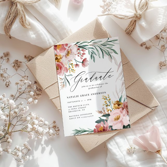 Carte Aquarelle fille fleurie botanique rose diplômé (Créateur téléchargé)