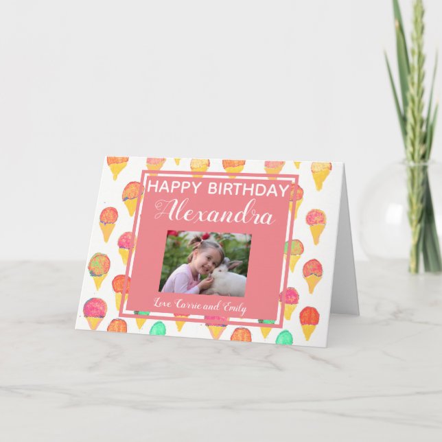 Carte Aquarelle fille rose mignonne Photo Anniversaire f (Devant)