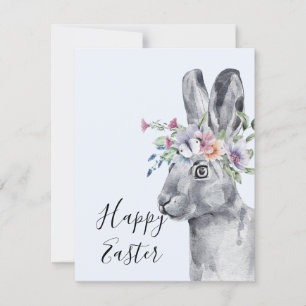 Carte Aquarelle Fleur Couronne Bunny Pâques