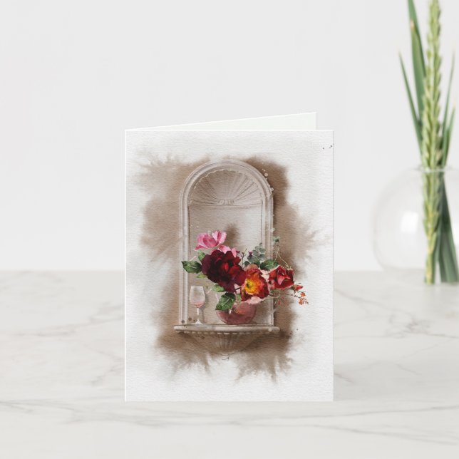 Carte Aquarelle Fleurs et Verre à vin (Devant)