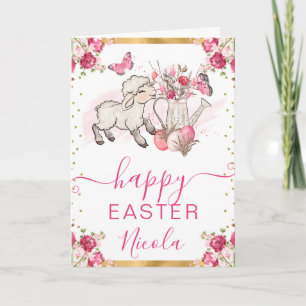 Carte Aquarelle Fleurs roses Agneau Joyeux Pâques