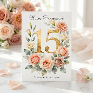 Carte Aquarelle Fleurs Roses Or 15e Anniversaire