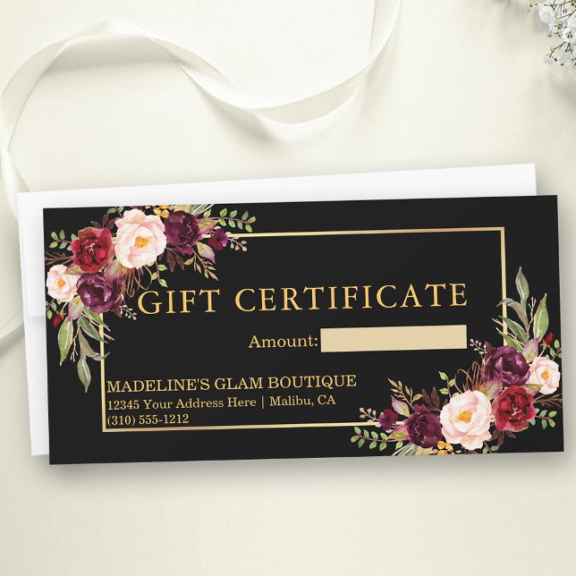 Carte Aquarelle Floral Black Gold Certificat cadeau (Customize to change text size, style, color or to add text to back of certificate.)