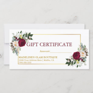 Carte Aquarelle Floral Bourgogne Gold Certificat cadeau