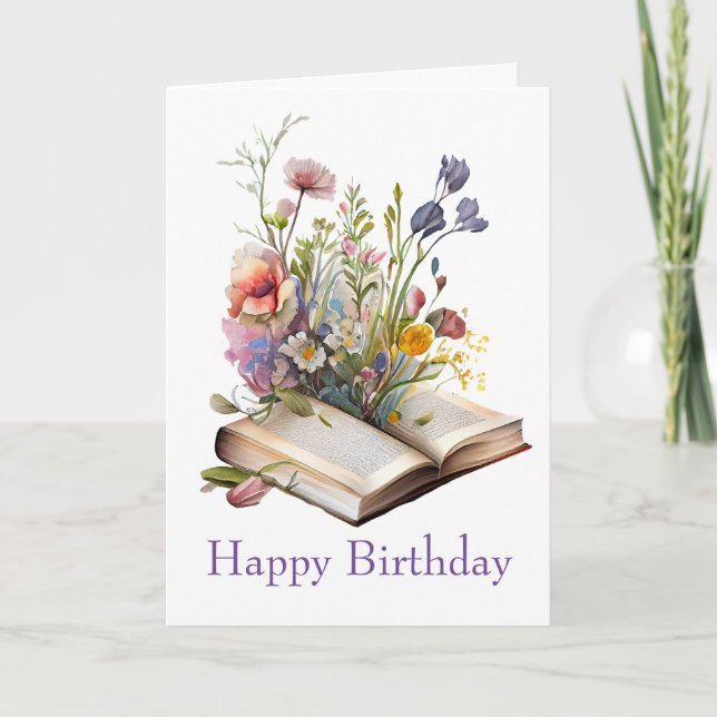 Carte Aquarelle Floral et livres Anniversaire (Devant)
