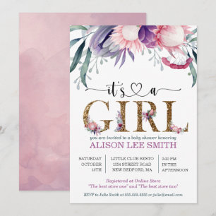 Carte Aquarelle Floral & Or "Son A Girl" Baby shower