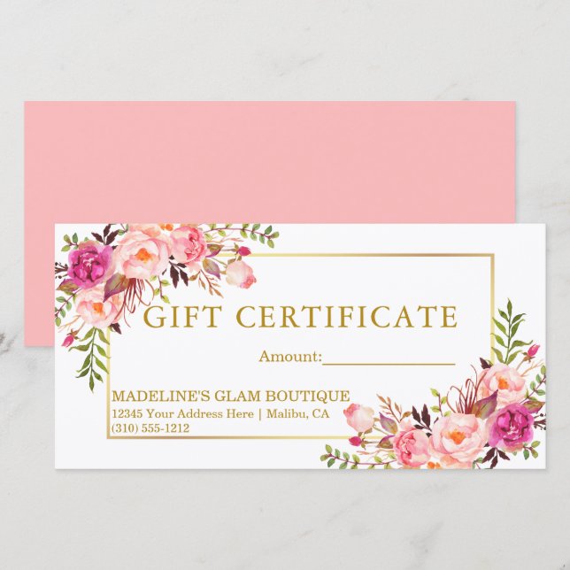 Carte Aquarelle Floral Rose Roses Gold Certificat cadeau (Devant / Derrière)