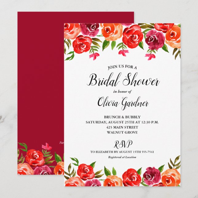 Carte Aquarelle Floral Rouge Orange Fête des mariées Inv (Devant / Derrière)