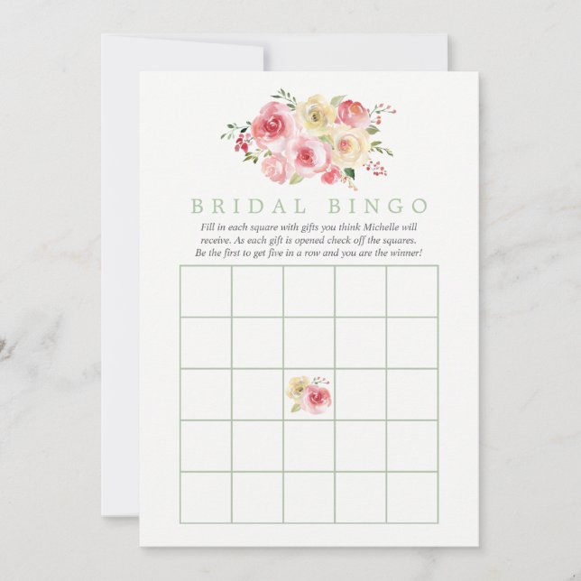 Carte Aquarelle florale Blush et Sage Bingo nuptiale (Devant)