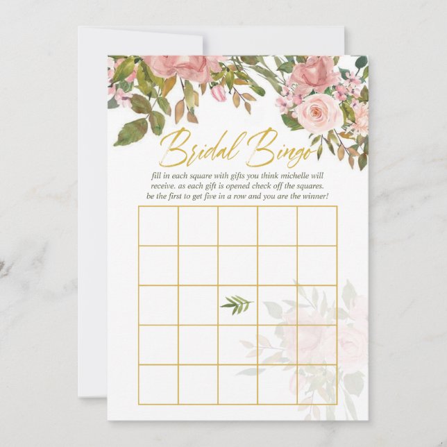 Carte Aquarelle florale Blush rose et Gold Bride Bingo (Devant)