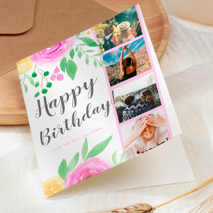 Carte Aquarelle florale brillante 4 grille photo anniver
