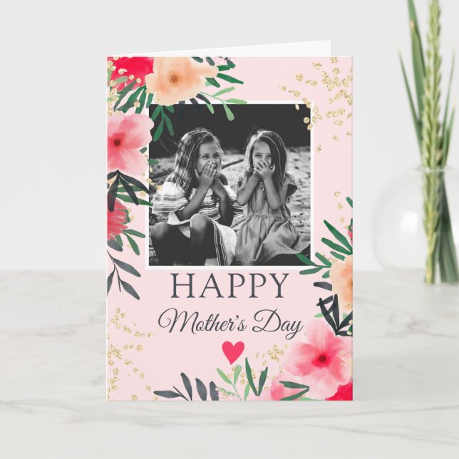 Carte Aquarelle florale or poème photo Fête des mères (Devant)