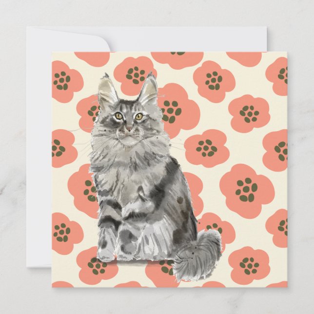 Carte Aquarelle florale rose Gris Maine Coon Chat (Devant)