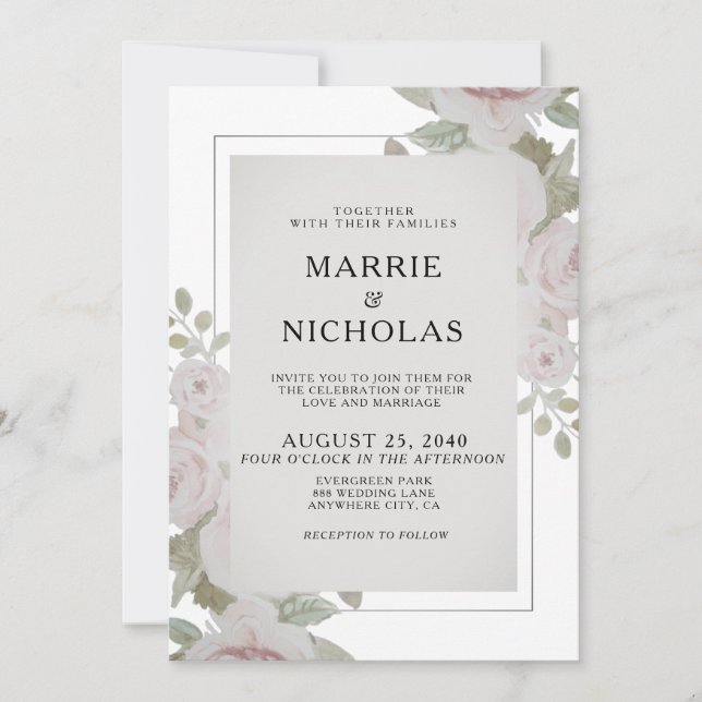 Carte Aquarelle florale rose rose rose rose pâle mariage (Devant)