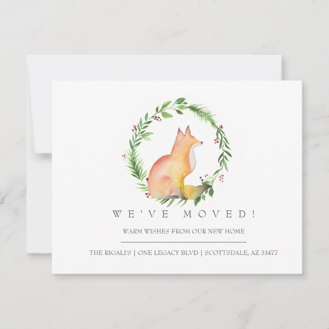 Carte Aquarelle Fox et Noël vert Nous avons déménagé (Devant)